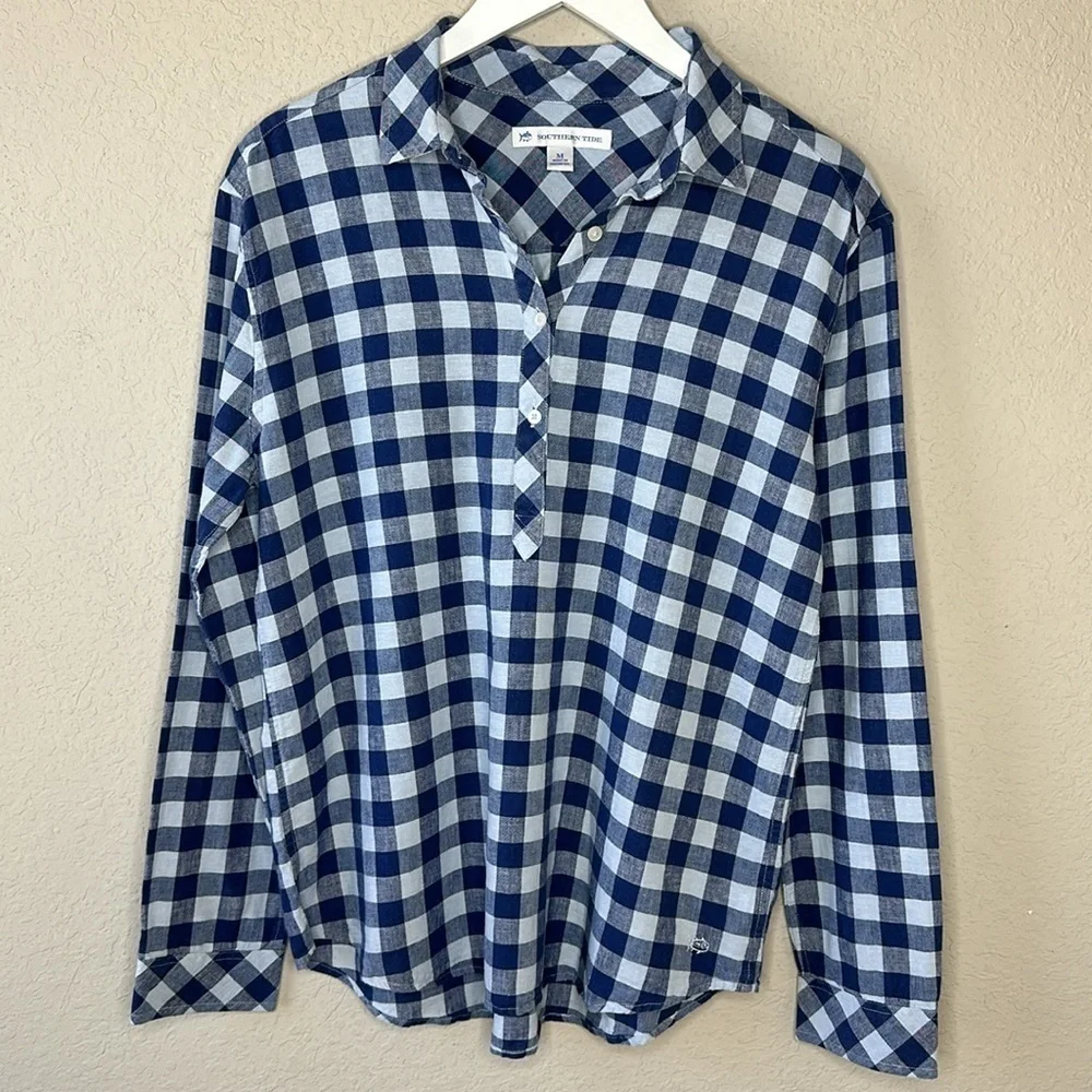 Southern Tide Blue White Gingham Linen‎ Blend Popover Shirt Size M